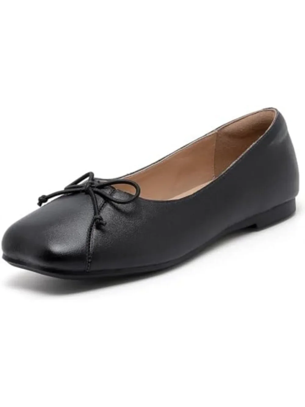 Soft Genuine Leather Ballet Flats with Bow – Square Toe Slip-On Mary Janes for
